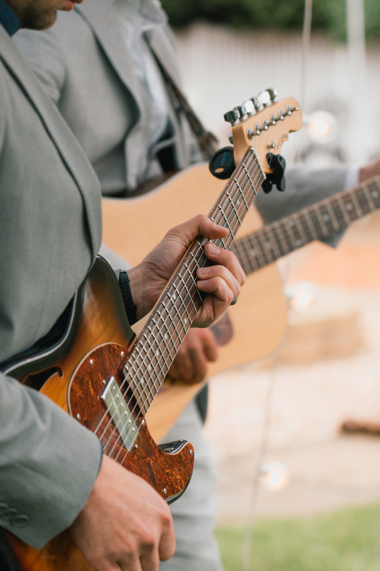 Closeup of electric guitar on stage